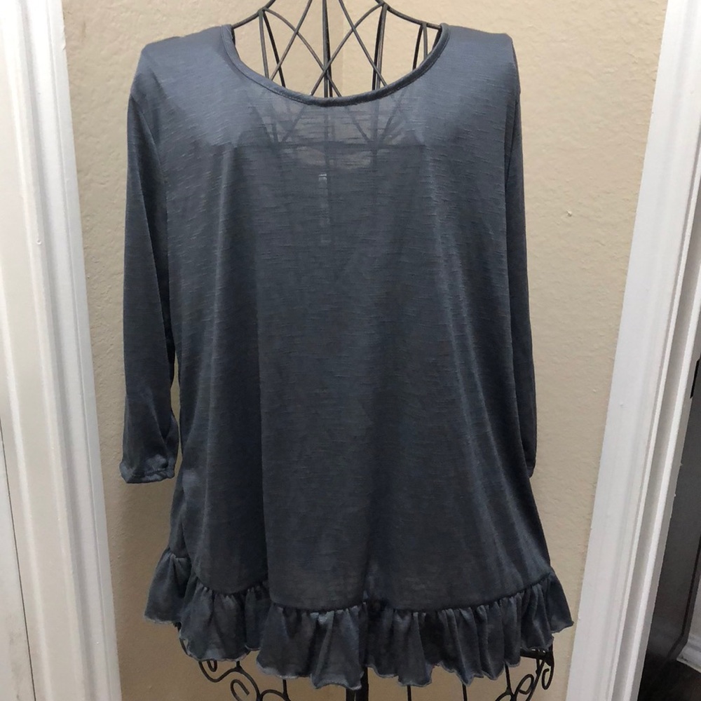 Gorgeous Slate Grey Ruffle Trim Top w/ 3/4 Sleeves